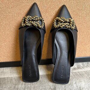 Black Mules with Gold Chain Detail